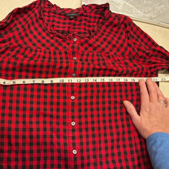 Talbots Women's Black Red Plaid Cotton Long Sleeve Button Ruffle Collar Shirt L - Picture 10 of 11